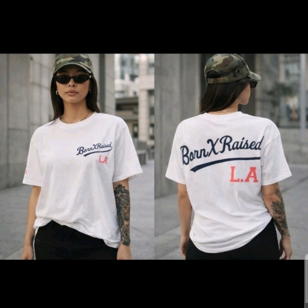 BornXRaised LA White Graphic Streetwear Cropped Dodgers LA style Urban Tee L
